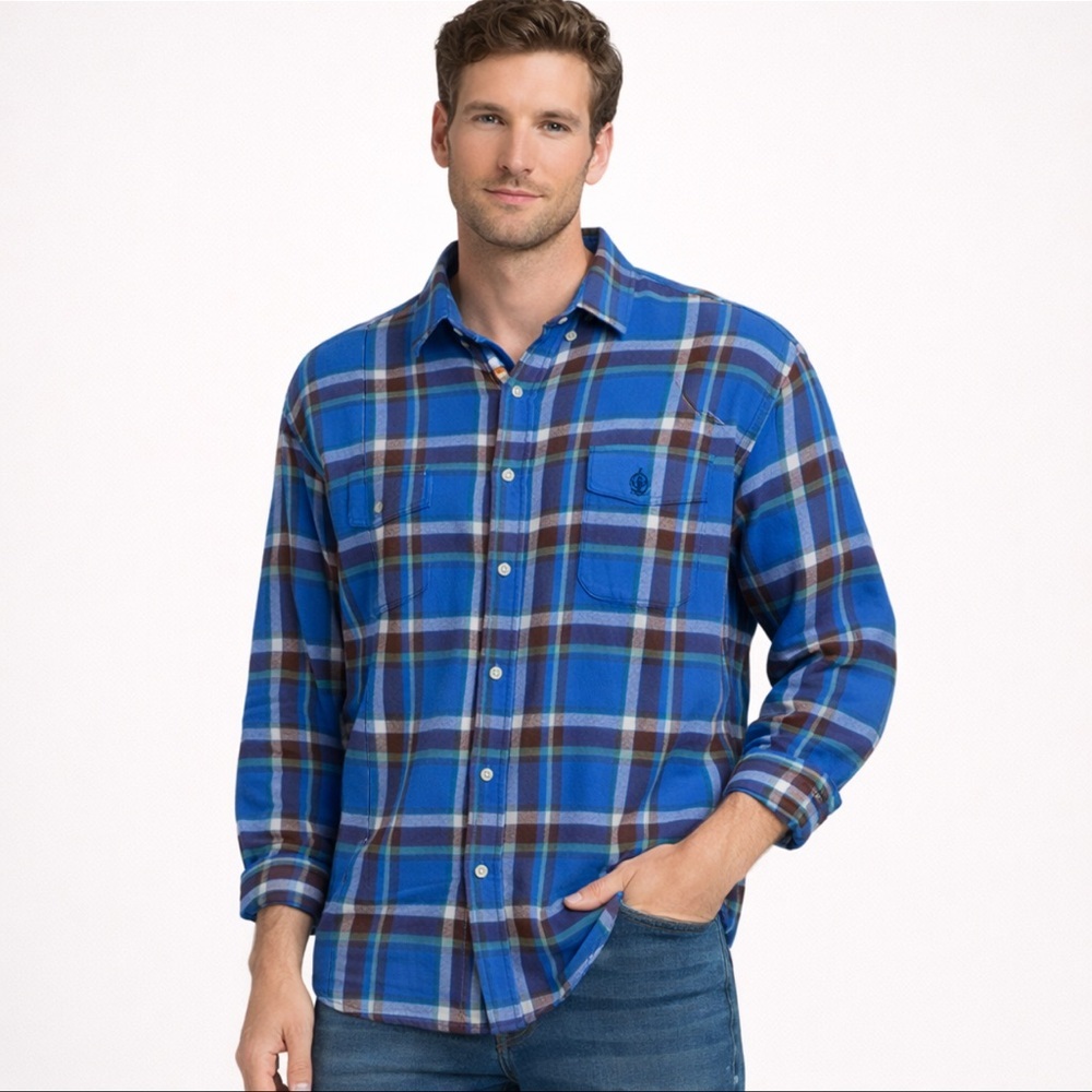 Chaps Men’s Blue Plaid Brushed Flannel Shirt XL Button Front Cotton Logo